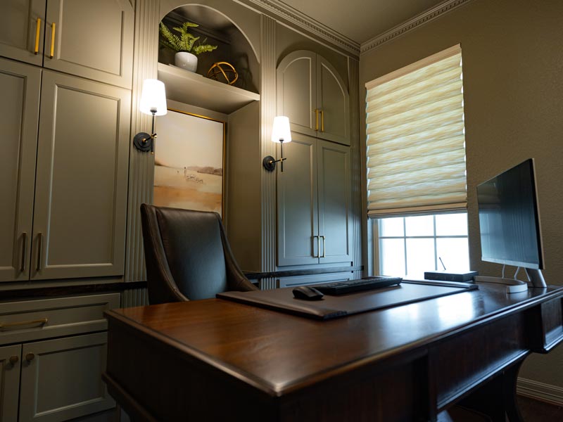 Home Office With Hunter Douglas Top Down Bottom Up Automated Powerview Vignette Roman Shade By The Valiant Co.